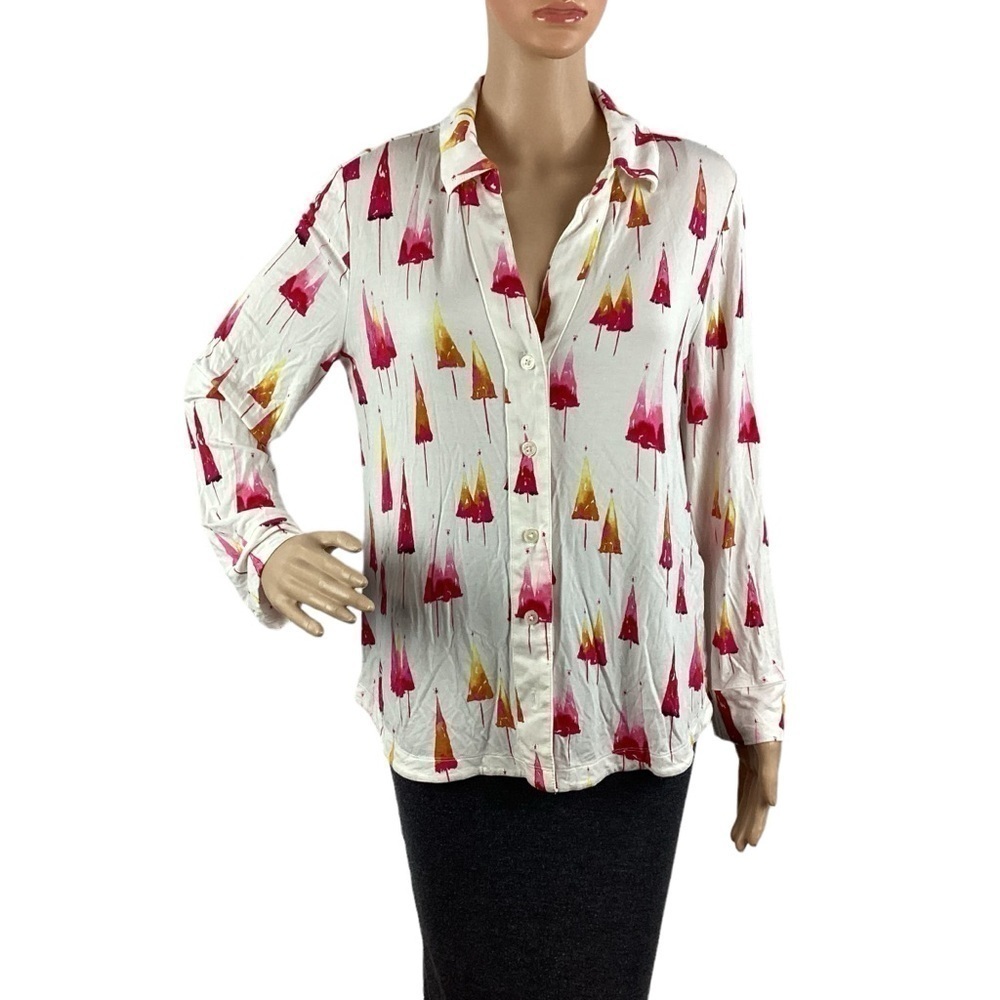 Soma Notch Collar Long Sleeve PJ Shirt Size M Multicolor Joyful Trees Ivory